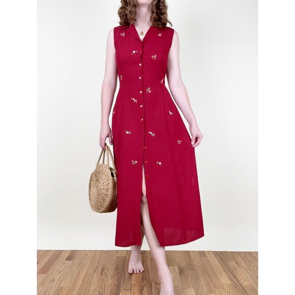 Vintage Linen Embroidered Midi Maxi Dress Cottagecore Floral Summer Sun 90s Y2K - Picture 7 of 7